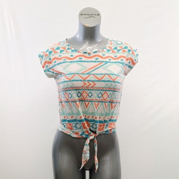 Ardene Women's Tie Front T Shirt Size Small Round Neck White Orange Teal Pattern - Picture 1 of 4